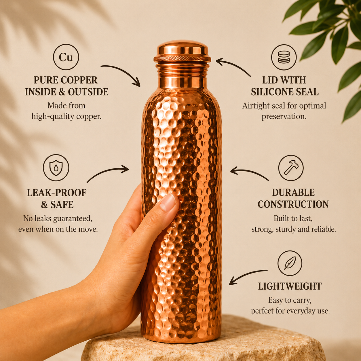 Whitfield - Copper Water Bottle  | Naturally Purified Water, Plastic-Free
