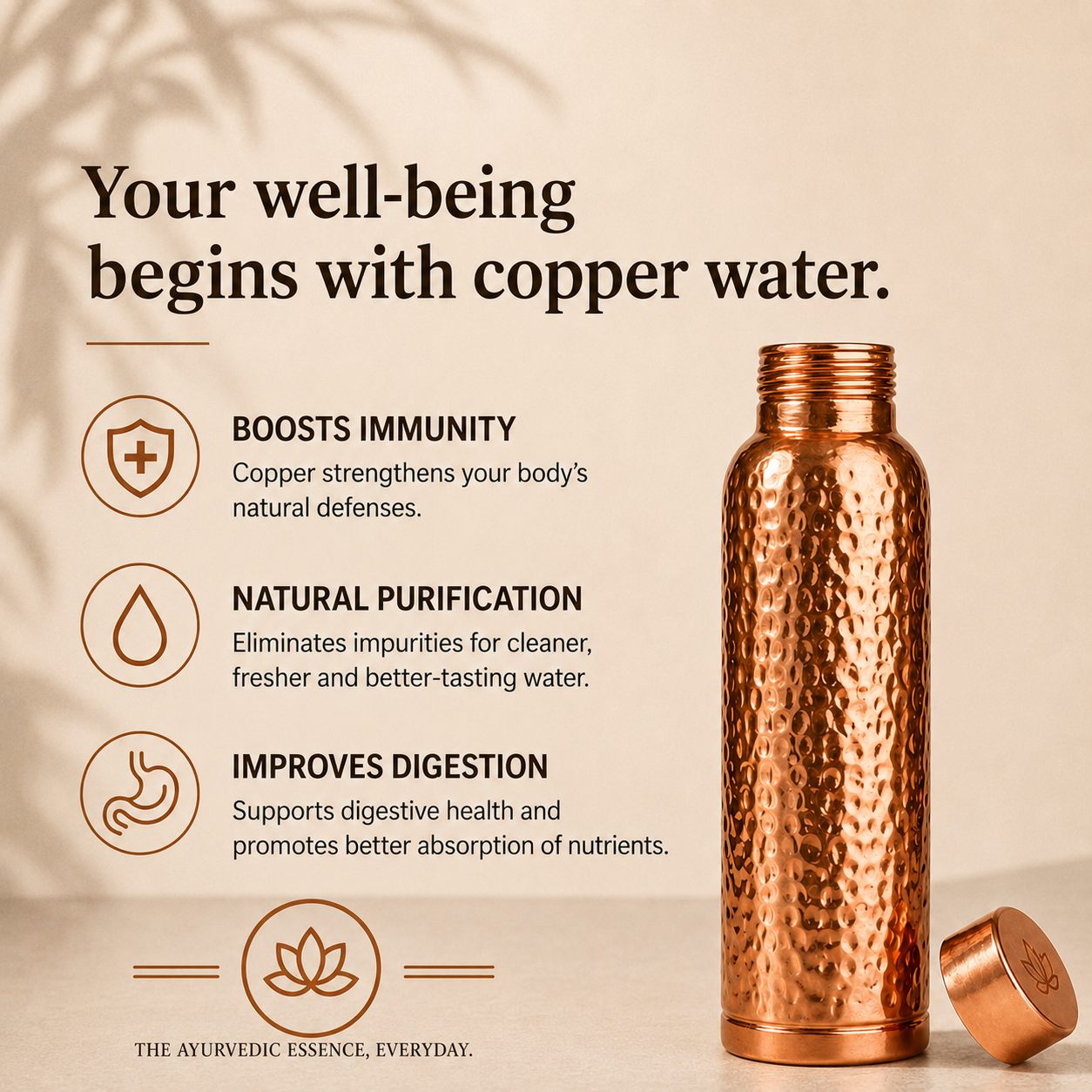 Whitfield - Copper Water Bottle  | Naturally Purified Water, Plastic-Free