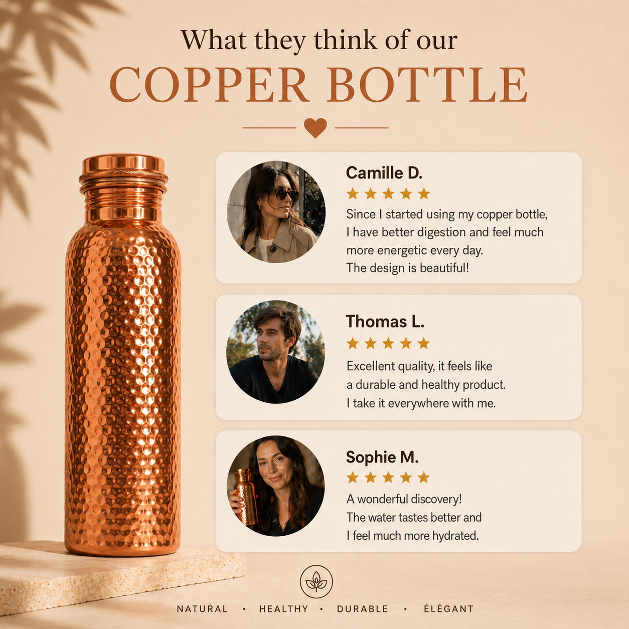 Whitfield - Copper Water Bottle  | Naturally Purified Water, Plastic-Free